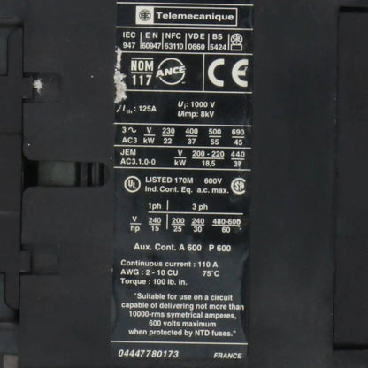 Telemecanique LC1D8011 Contactor