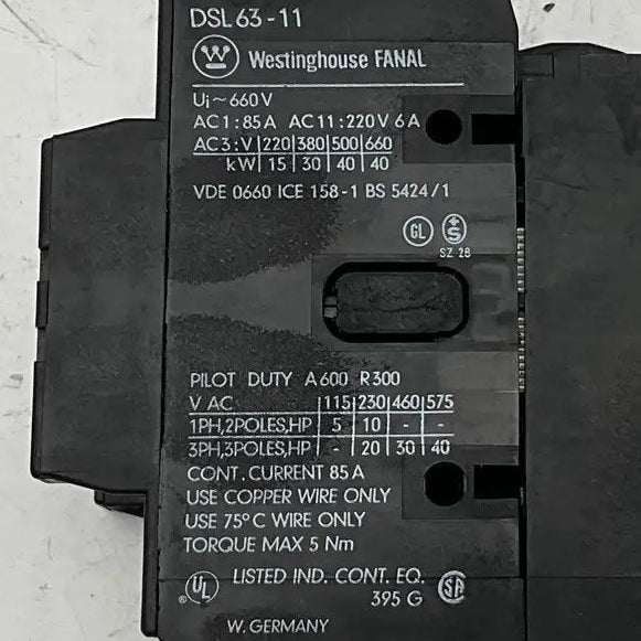 Westinghouse Fanal DSL 63-11 Industrial Contactor