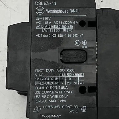 Westinghouse Fanal DSL 63-11 Industrial Contactor