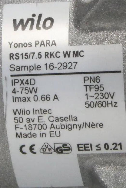 Wilo Yonos PARA RS15/7.5 RKC Circulation Pump