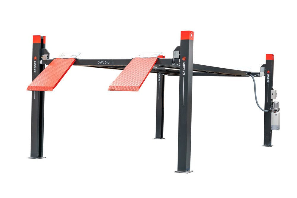 Vier koloms hefbrug 5000kg 5,7m flat 3m doorrijbreedte Cascos