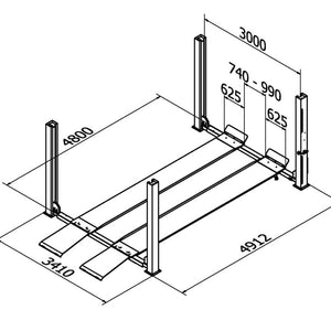 13381 Vier koloms hefbrug 4000kg 4,8m flat Cascos