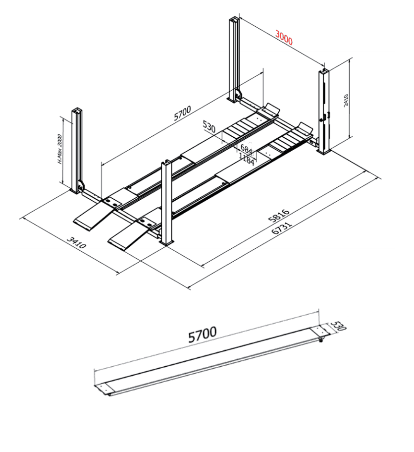 Vier koloms hefbrug 5000kg 5,7m flat 3m doorrijbreedte Cascos