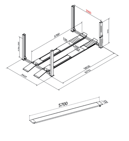 Vier koloms hefbrug 5000kg 5,7m flat 3m doorrijbreedte Cascos